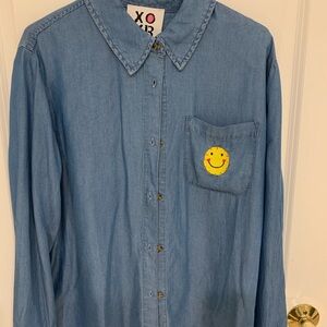 Kerri Rosenthal, Smiley Patch Light Blue Denim Shirt. Size L